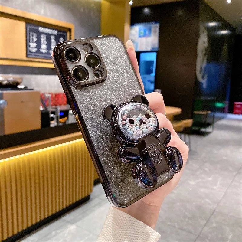 Sparkling Case Cover For iPhone 15 14 Plus 12 13 11 Pro Max Electroplated Glitter Cute Iittle Bear Stand Shockproof Back Cover