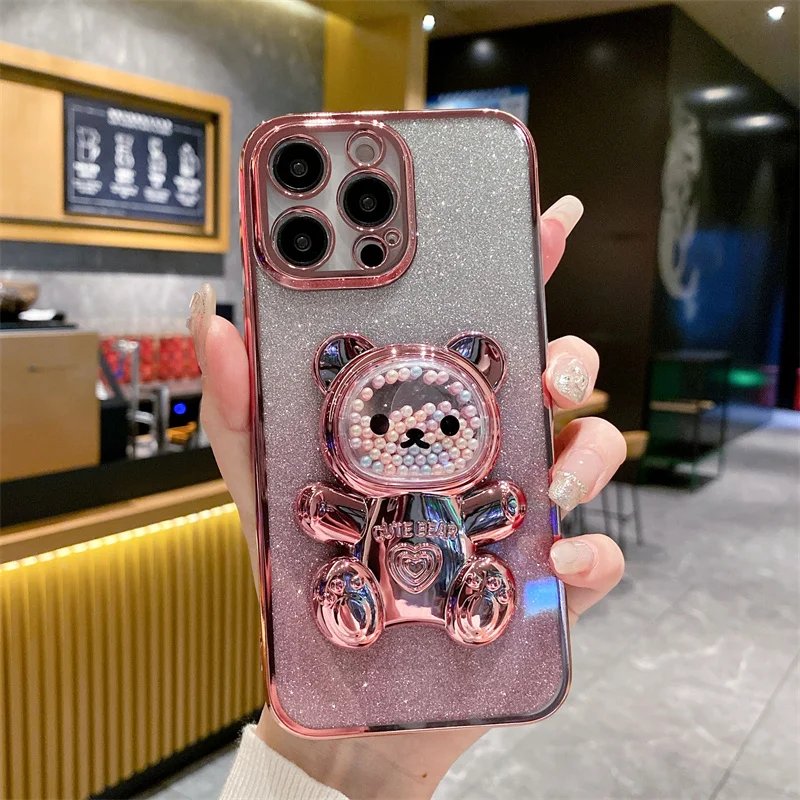 Sparkling Case Cover For iPhone 15 14 Plus 12 13 11 Pro Max Electroplated Glitter Cute Iittle Bear Stand Shockproof Back Cover