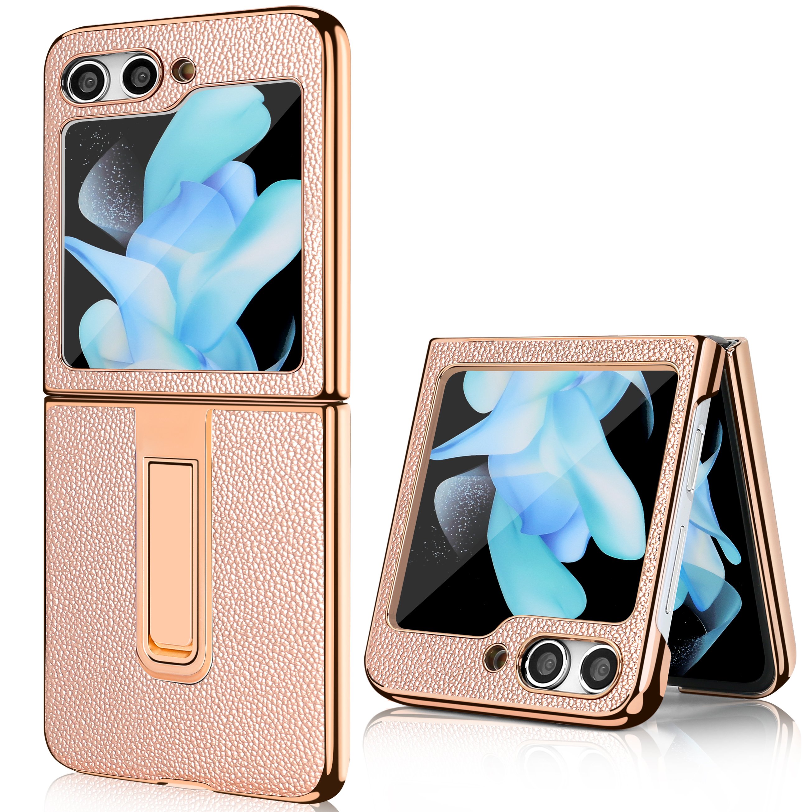 VIETAO Genuine leather phone cover for z flip 5 phone case with holder rose gold leather phone case for Samsung z flip 6 5 cover