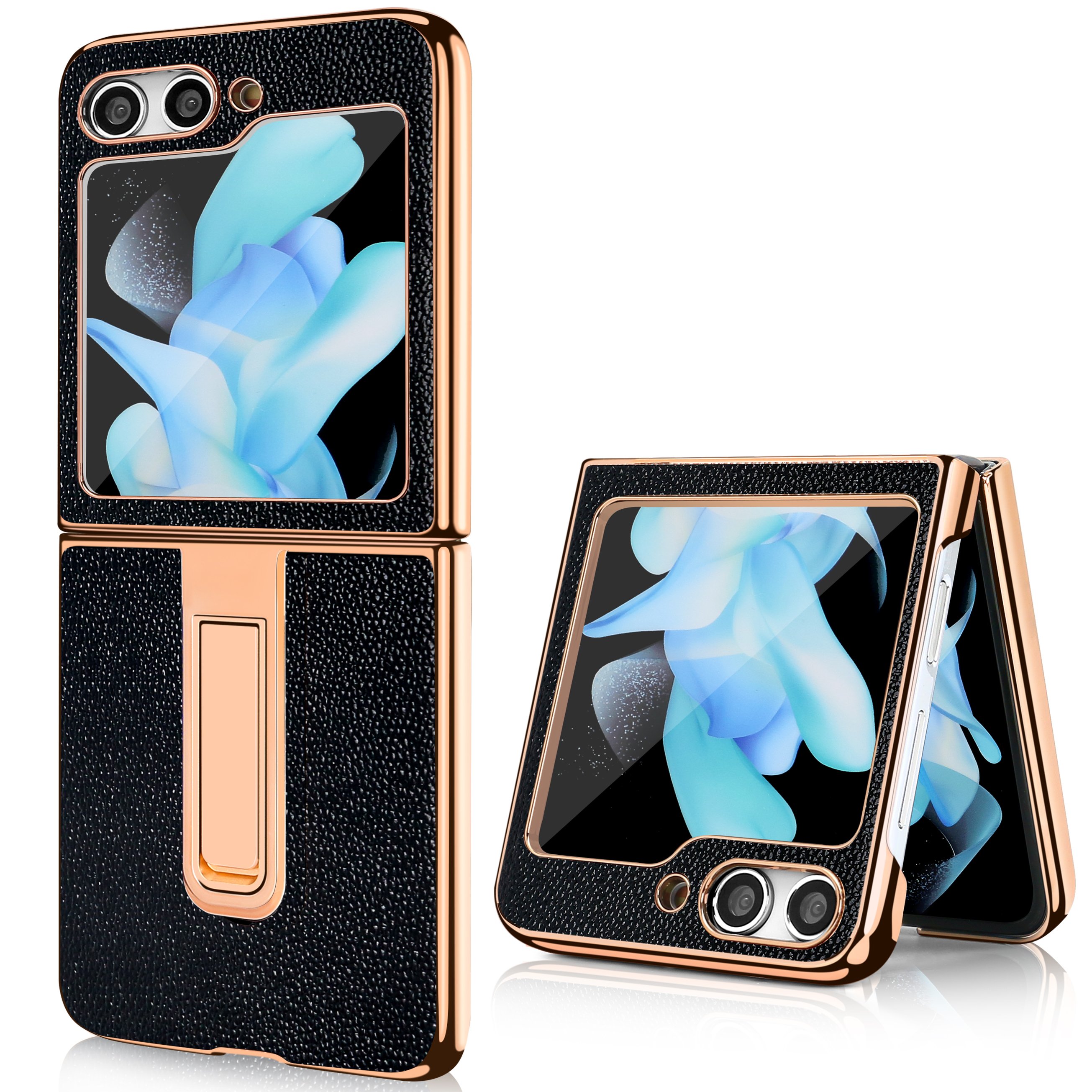 VIETAO Genuine leather phone cover for z flip 5 phone case with holder rose gold leather phone case for Samsung z flip 6 5 cover