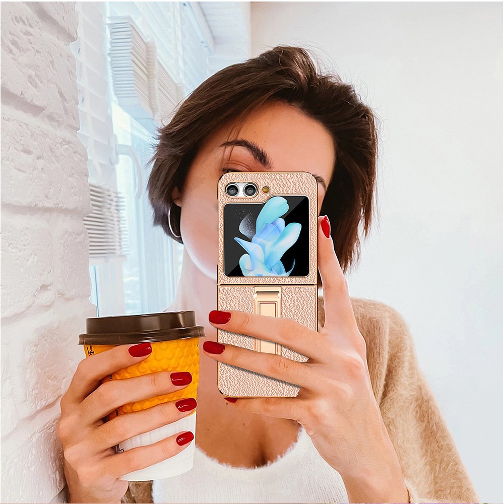 VIETAO Genuine leather phone cover for z flip 5 phone case with holder rose gold leather phone case for Samsung z flip 6 5 cover