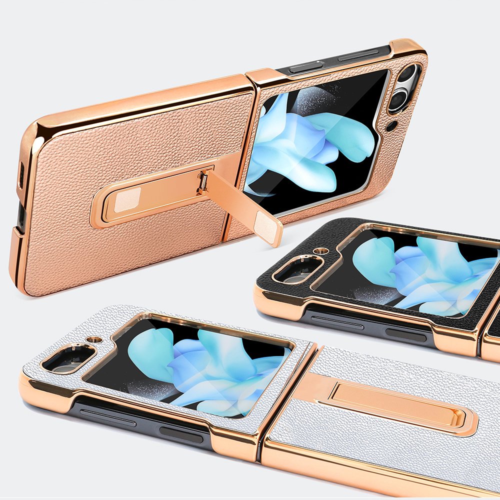 VIETAO Genuine leather phone cover for z flip 5 phone case with holder rose gold leather phone case for Samsung z flip 6 5 cover