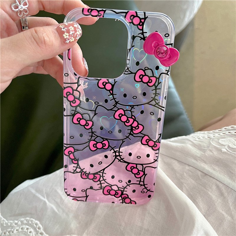 Cute korea transparent love heart laser kitty bow phone case for iphone 15 14 13 12 11 pro max plus