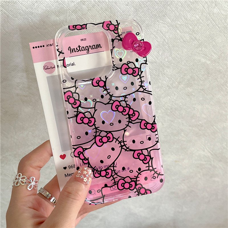 Cute korea transparent love heart laser kitty bow phone case for iphone 15 14 13 12 11 pro max plus