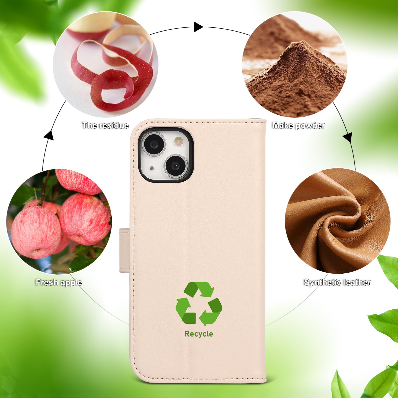 Eco Bio Apple Peel Vegan Leather Magnet Flip Book Cover Phone Case For iPhone 16 15 14 13 Pro Max Wallet Case With Card Holder