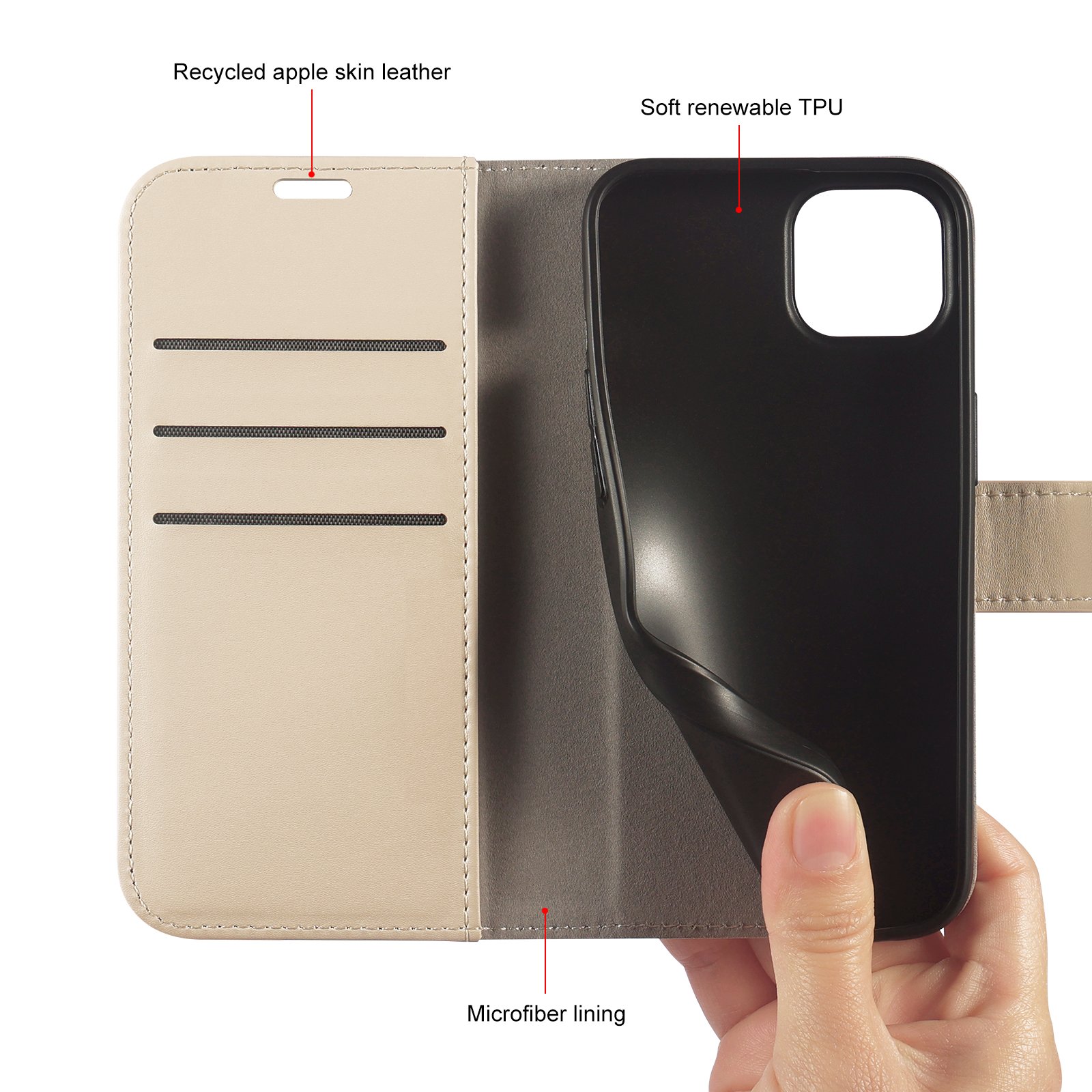 Eco Bio Apple Peel Vegan Leather Magnet Flip Book Cover Phone Case For iPhone 16 15 14 13 Pro Max Wallet Case With Card Holder