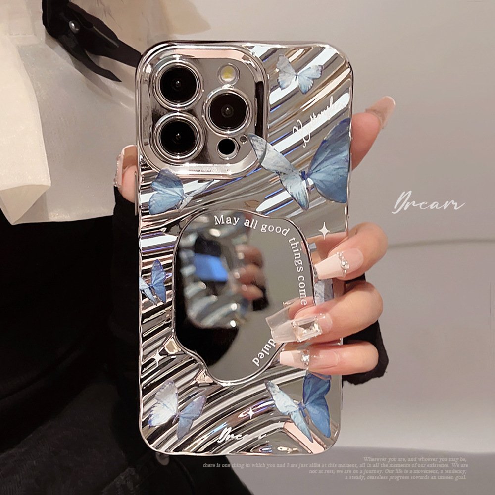 For iPhone 15 14 13 12 11 Pro Max XS XR X 7 8 Plus Electroplated Silver Mirror Surface Art Blue Butterfly Mobile Phone Case
