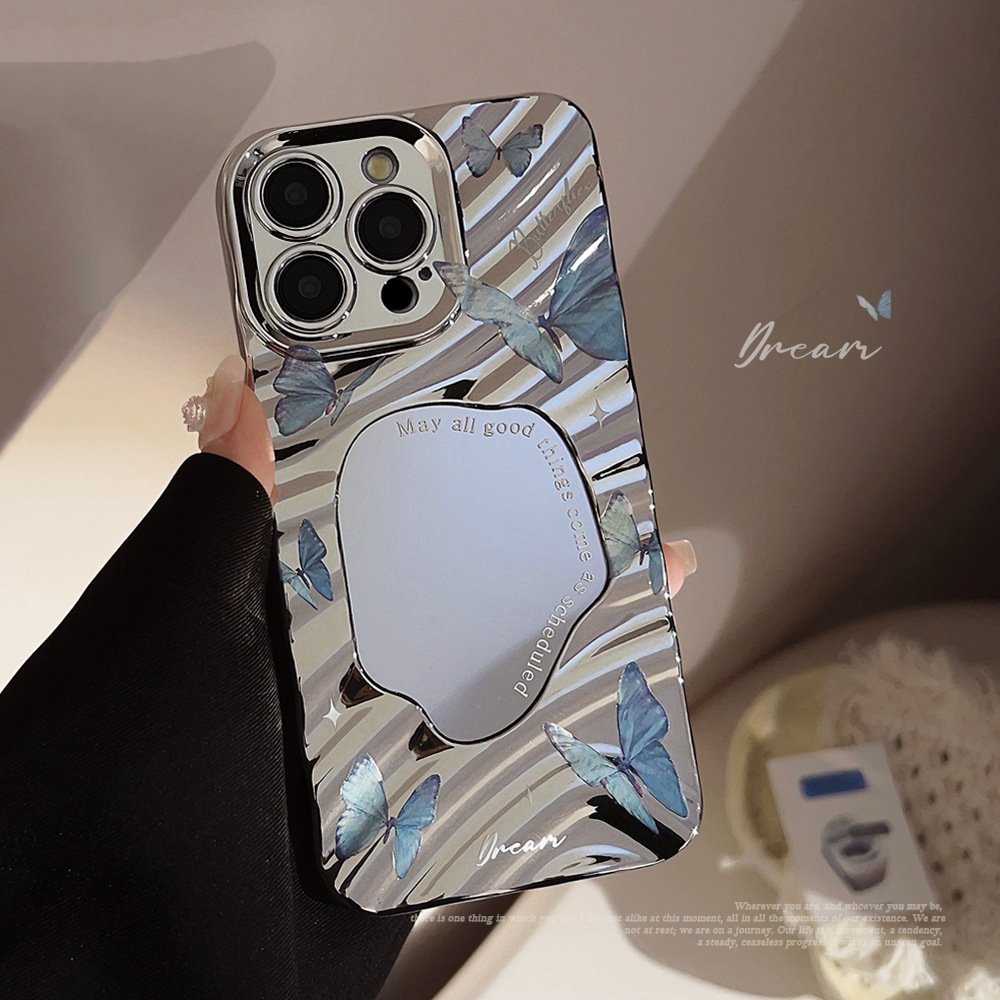 For iPhone 15 14 13 12 11 Pro Max XS XR X 7 8 Plus Electroplated Silver Mirror Surface Art Blue Butterfly Mobile Phone Case
