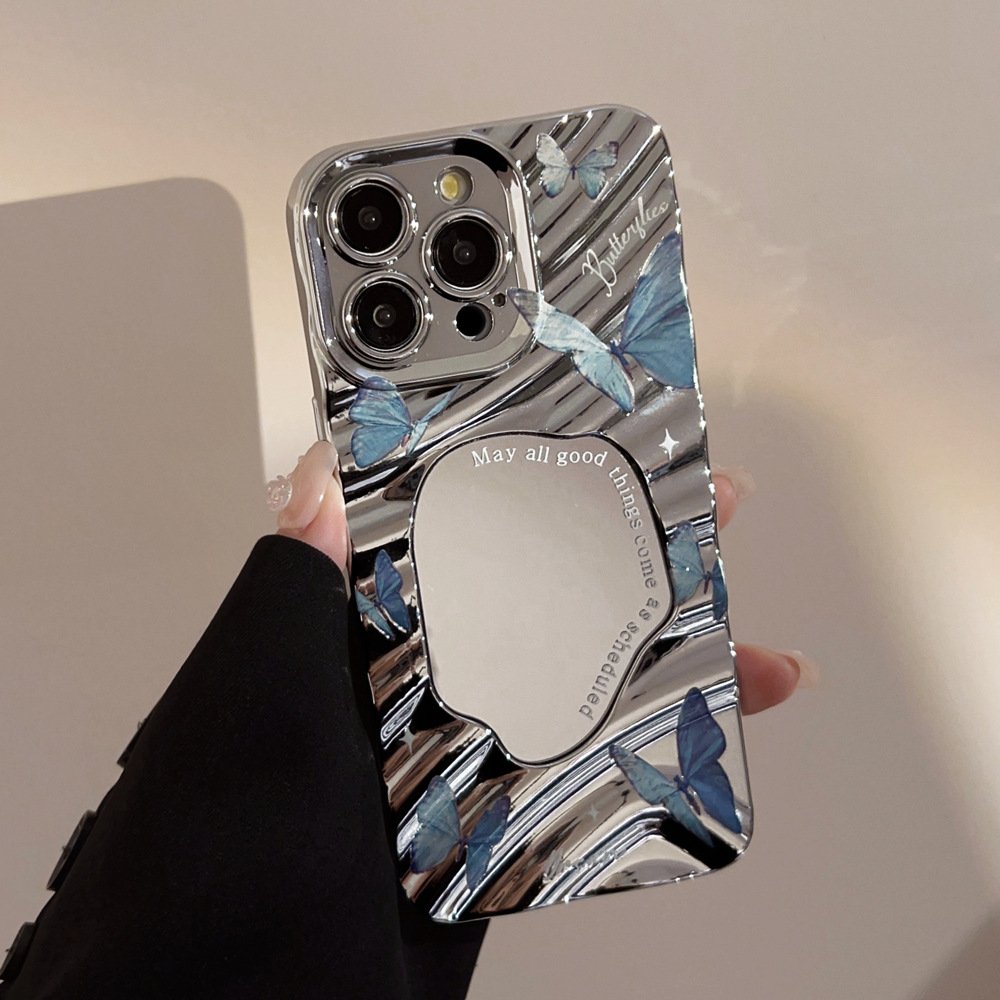 For iPhone 15 14 13 12 11 Pro Max XS XR X 7 8 Plus Electroplated Silver Mirror Surface Art Blue Butterfly Mobile Phone Case