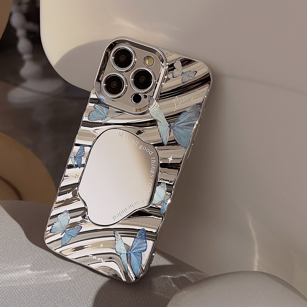 For iPhone 15 14 13 12 11 Pro Max XS XR X 7 8 Plus Electroplated Silver Mirror Surface Art Blue Butterfly Mobile Phone Case