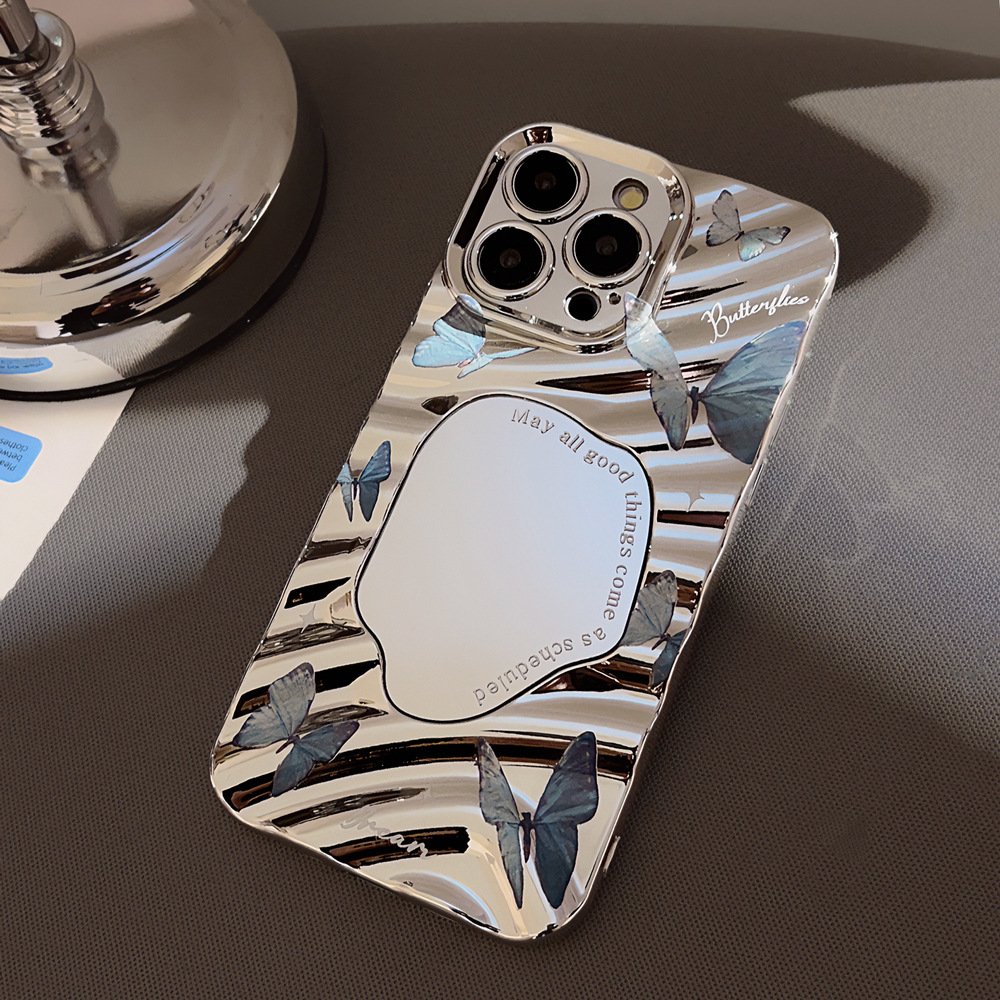 For iPhone 15 14 13 12 11 Pro Max XS XR X 7 8 Plus Electroplated Silver Mirror Surface Art Blue Butterfly Mobile Phone Case