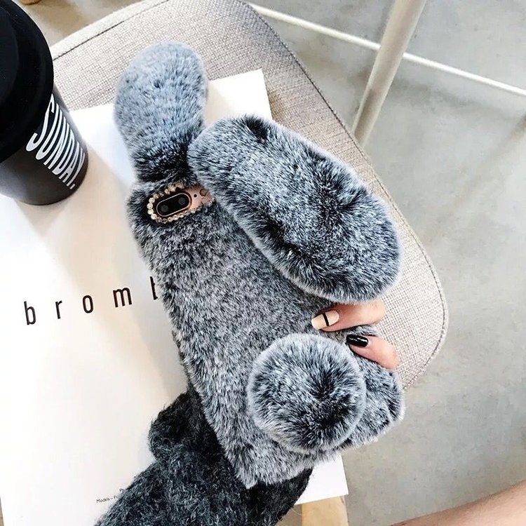 Fluffy Mobile Cover For iPhone7 8 12 13 14 15 Rabbit Ear Plush Fur Cell Phone Case For iPhone 12 Pro Max Phone Cover Case