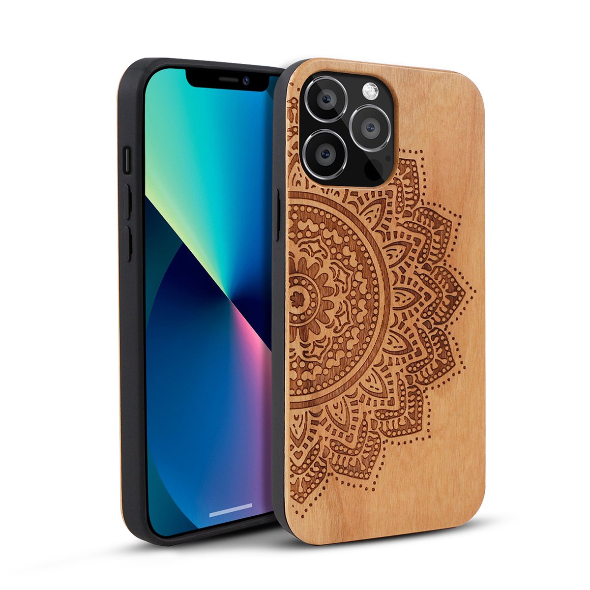 New Arrival Engraved Designs Cherry Wood Mobile Phone Case For iPhone 14