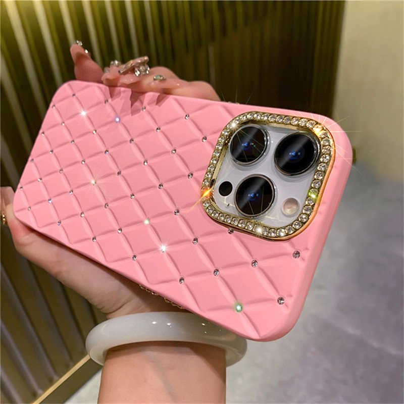 Luxury Glitter Rhinestones Camera Protect Diamond Lattice Case For iPhone 15 Pro Max 14 13 12 11 Soft Silicone Back Cover