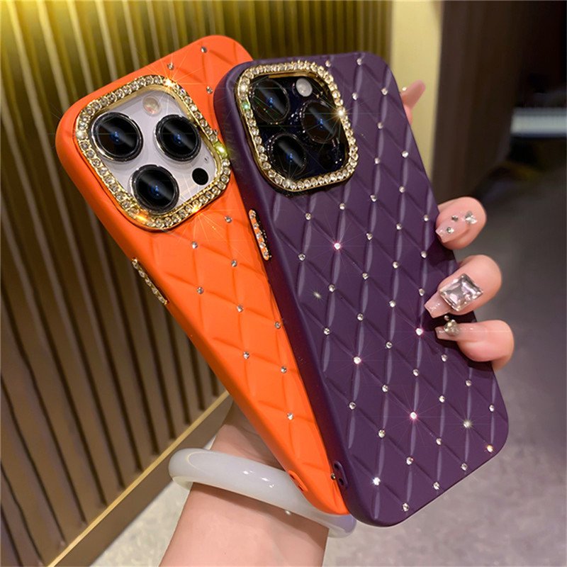 Luxury Glitter Rhinestones Camera Protect Diamond Lattice Case For iPhone 15 Pro Max 14 13 12 11 Soft Silicone Back Cover