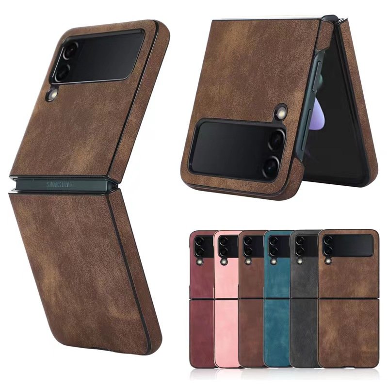 2022 New Model Light Brown Color Flip PU Leather Protective Phone Case For Samsung Galaxy Z Flip4 3 Folding Phone Case Cover
