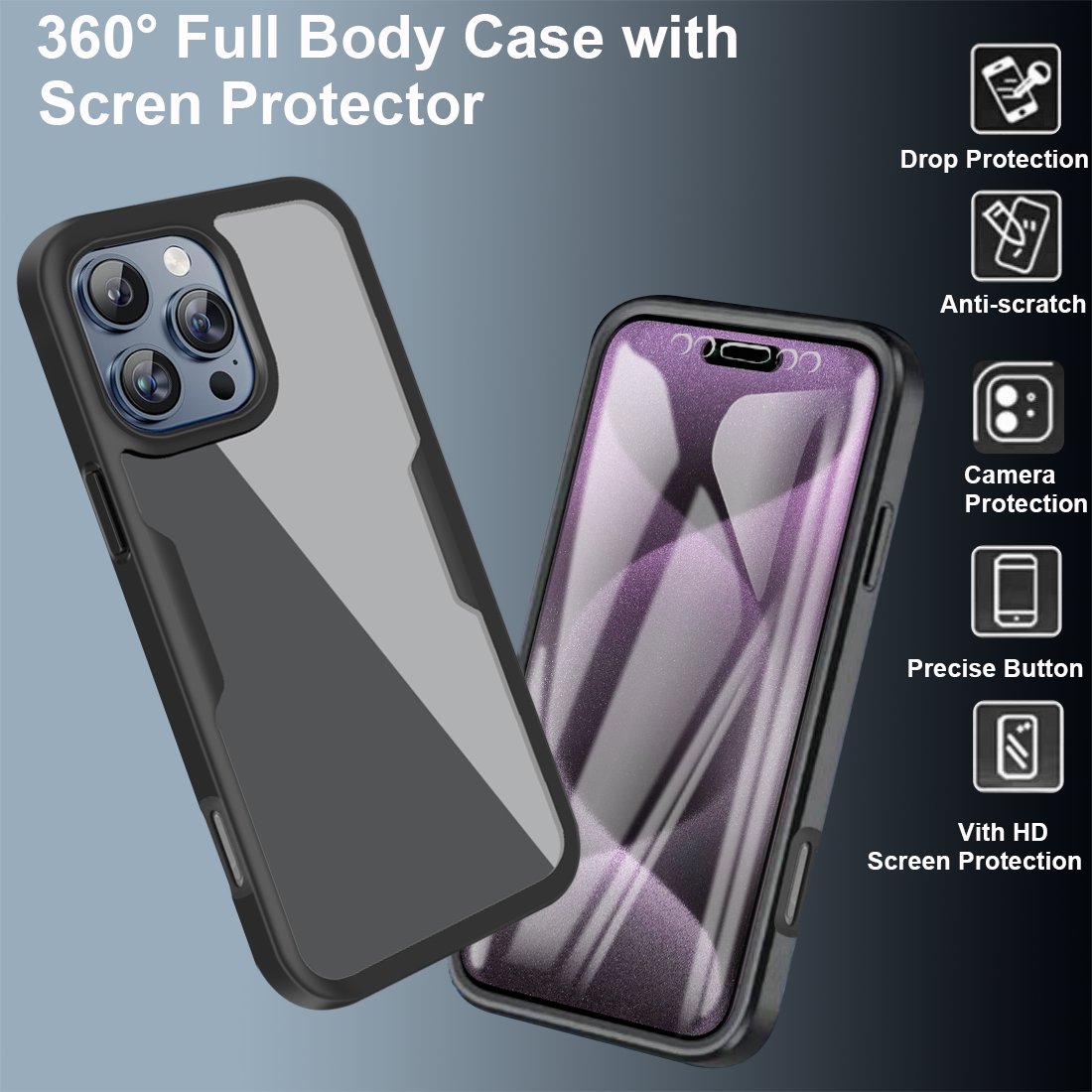 Soft TPU Acrylic Hard 360 Degree Full Protection Transparent Phone Case For iPhone 16 15 14 Plus 13 12 11 Pro Max XR XS