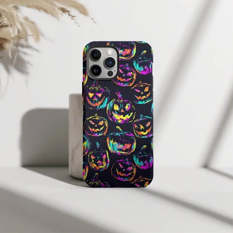 Neon Pumpkin Halloween Spooky Season Phone Case For IPHONE 15PRO MAX 14 13 12 PRO Plus Acrylic TPU Two in one Mobile Phone Cases
