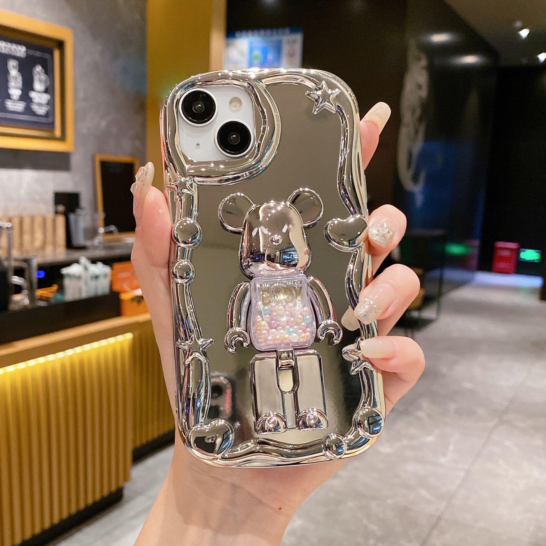 New Luxury 3D Cartoon Bear Foldable Stand Phone Case For Iphone 15 14 13 12 11 Pro Max XS Plating wristband bracelet Back Cover
