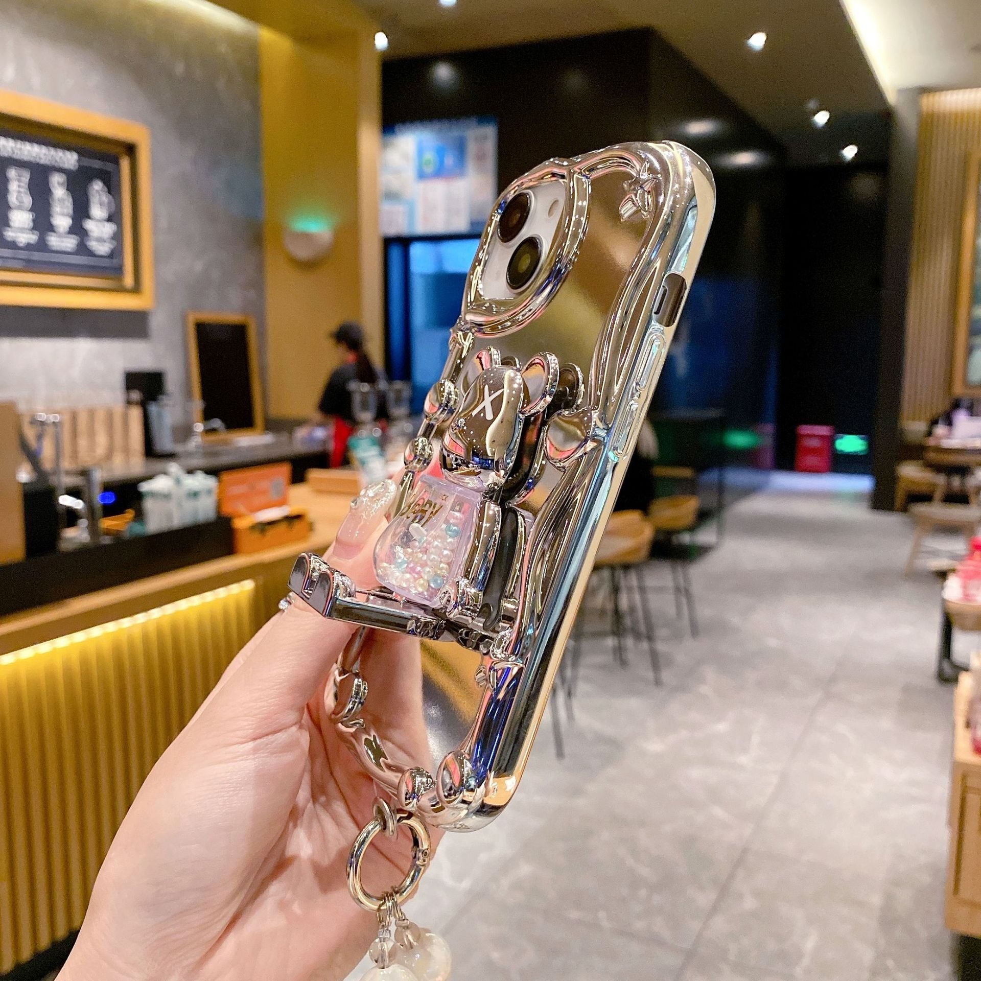 New Luxury 3D Cartoon Bear Foldable Stand Phone Case For Iphone 15 14 13 12 11 Pro Max XS Plating wristband bracelet Back Cover