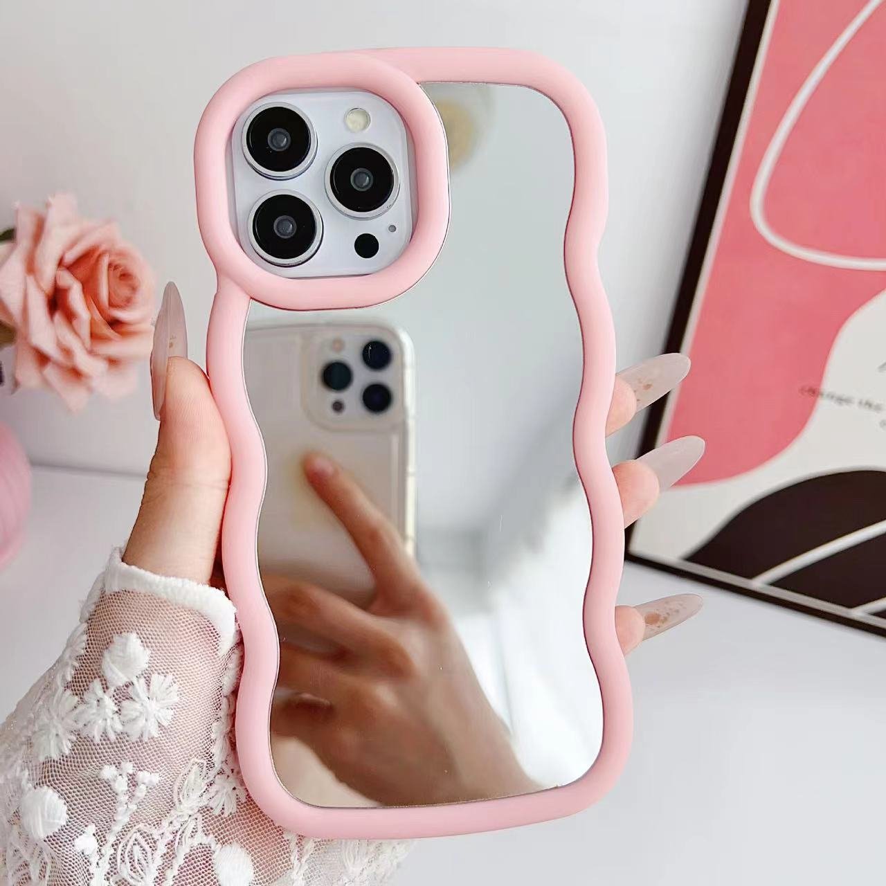Antiman Cloud Big Polish Silicone Mobile Phone Case with Mirror for woman makeup phone cases for Iphone 15 Pro Max 14 13 XR XS