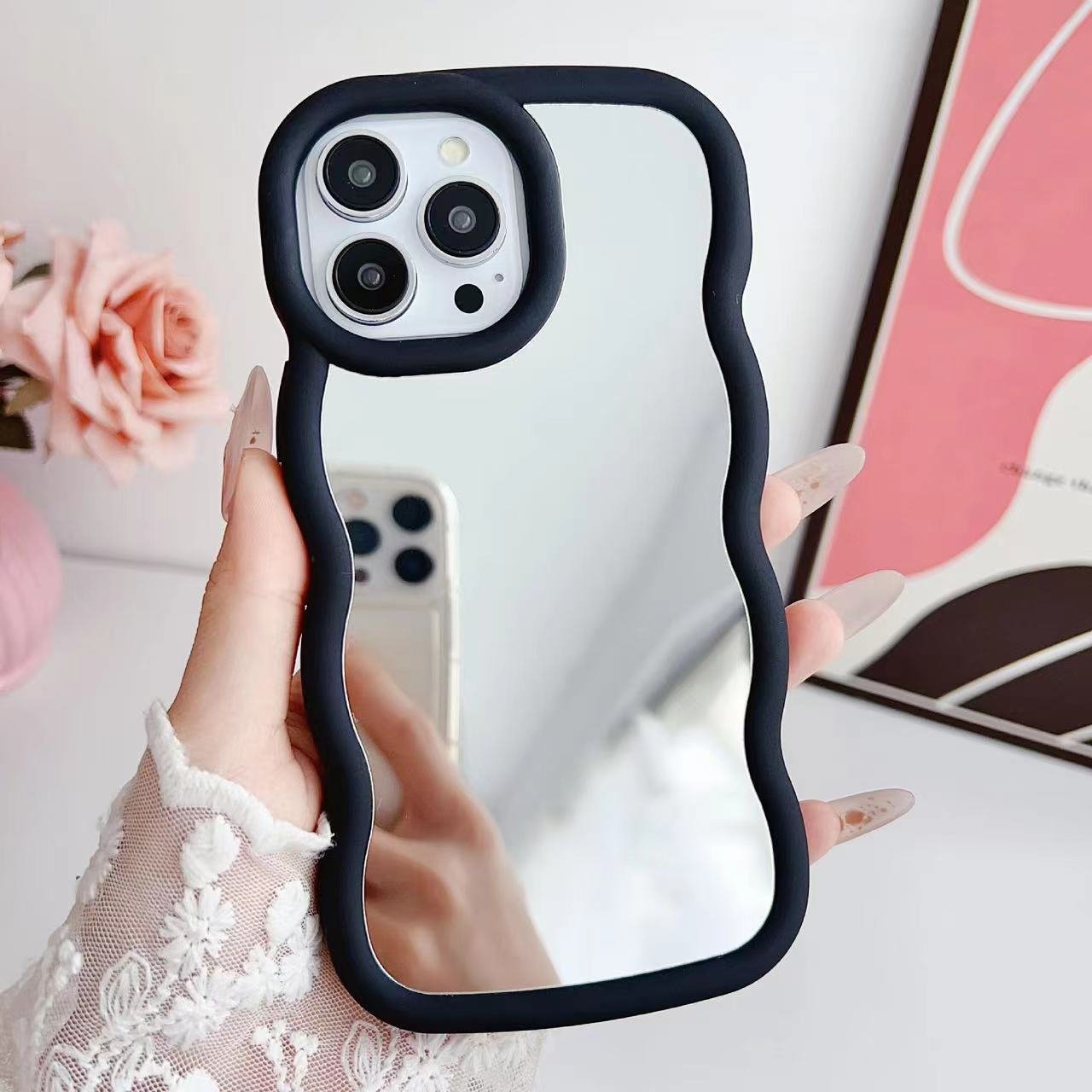 Antiman Cloud Big Polish Silicone Mobile Phone Case with Mirror for woman makeup phone cases for Iphone 15 Pro Max 14 13 XR XS