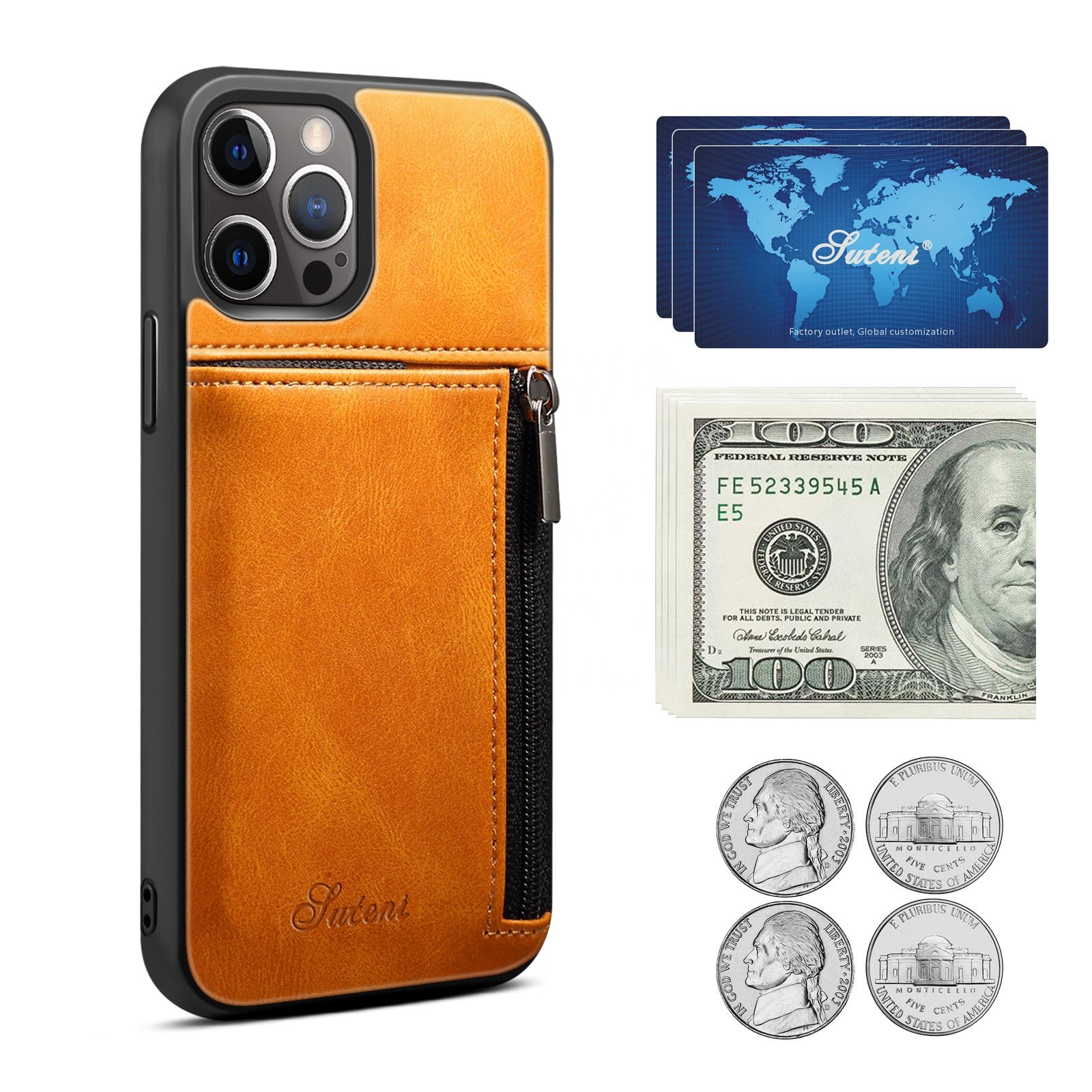 Luxury Leather Business Cell Phone Case Wallet Purses for iPhone 14 Mobile Phone Case with Pocket with Zipper