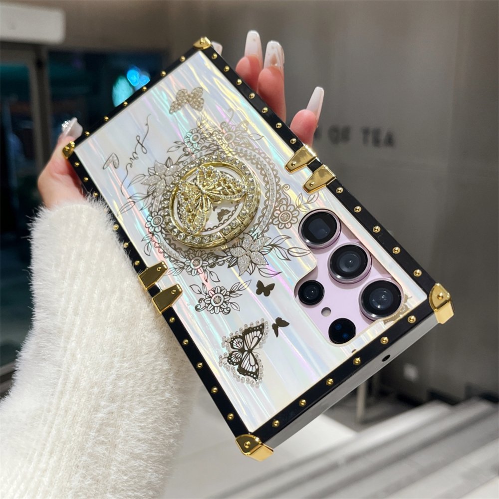Glitter Diamond Ring Stand Holder Square Butterfly Phone Case For Samsung S24 S23 Plus Ultra S24ultra S24plus