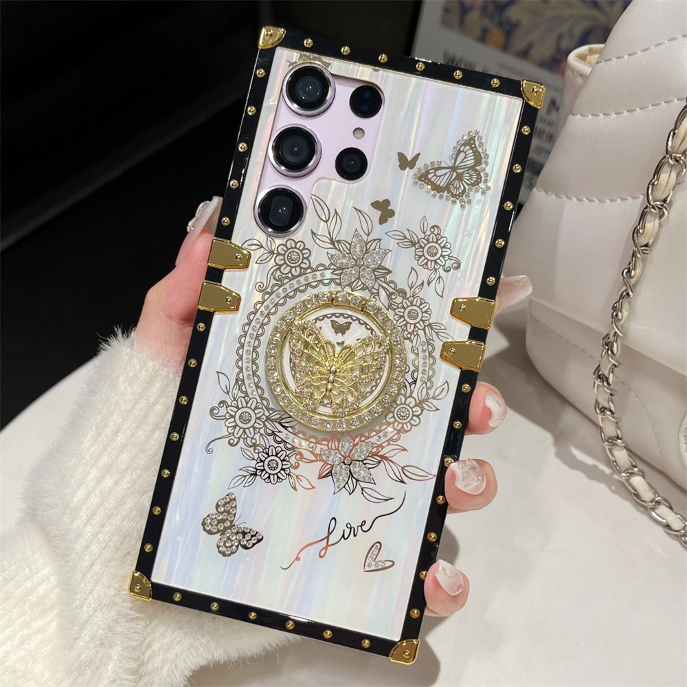Glitter Diamond Ring Stand Holder Square Butterfly Phone Case For Samsung S24 S23 Plus Ultra S24ultra S24plus