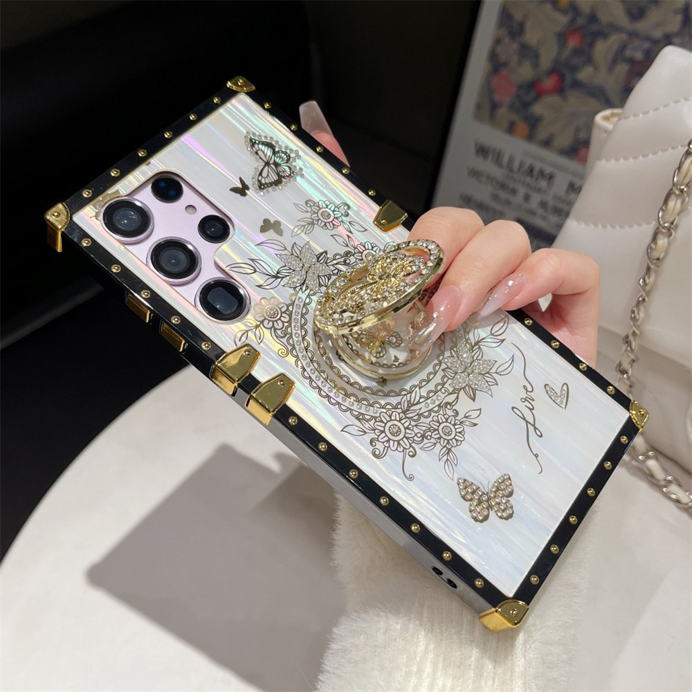 Glitter Diamond Ring Stand Holder Square Butterfly Phone Case For Samsung S24 S23 Plus Ultra S24ultra S24plus