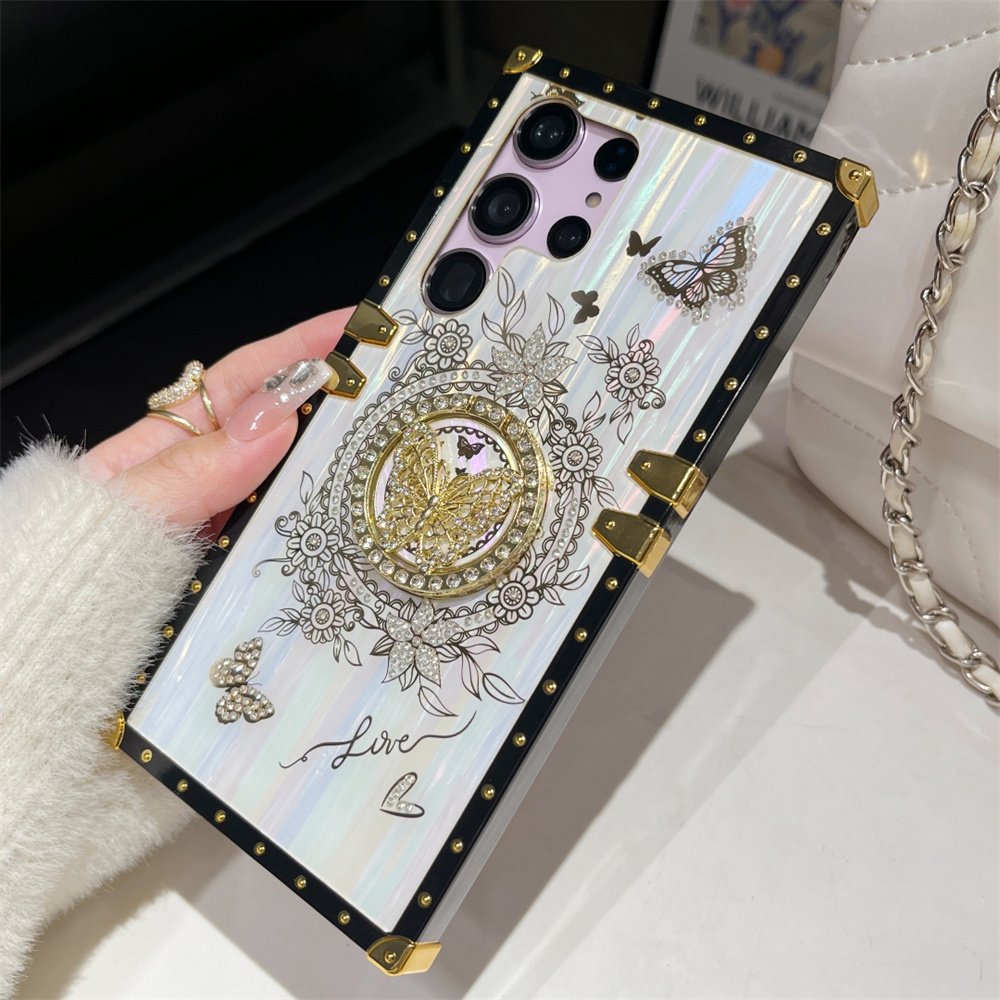 Glitter Diamond Ring Stand Holder Square Butterfly Phone Case For Samsung S24 S23 Plus Ultra S24ultra S24plus