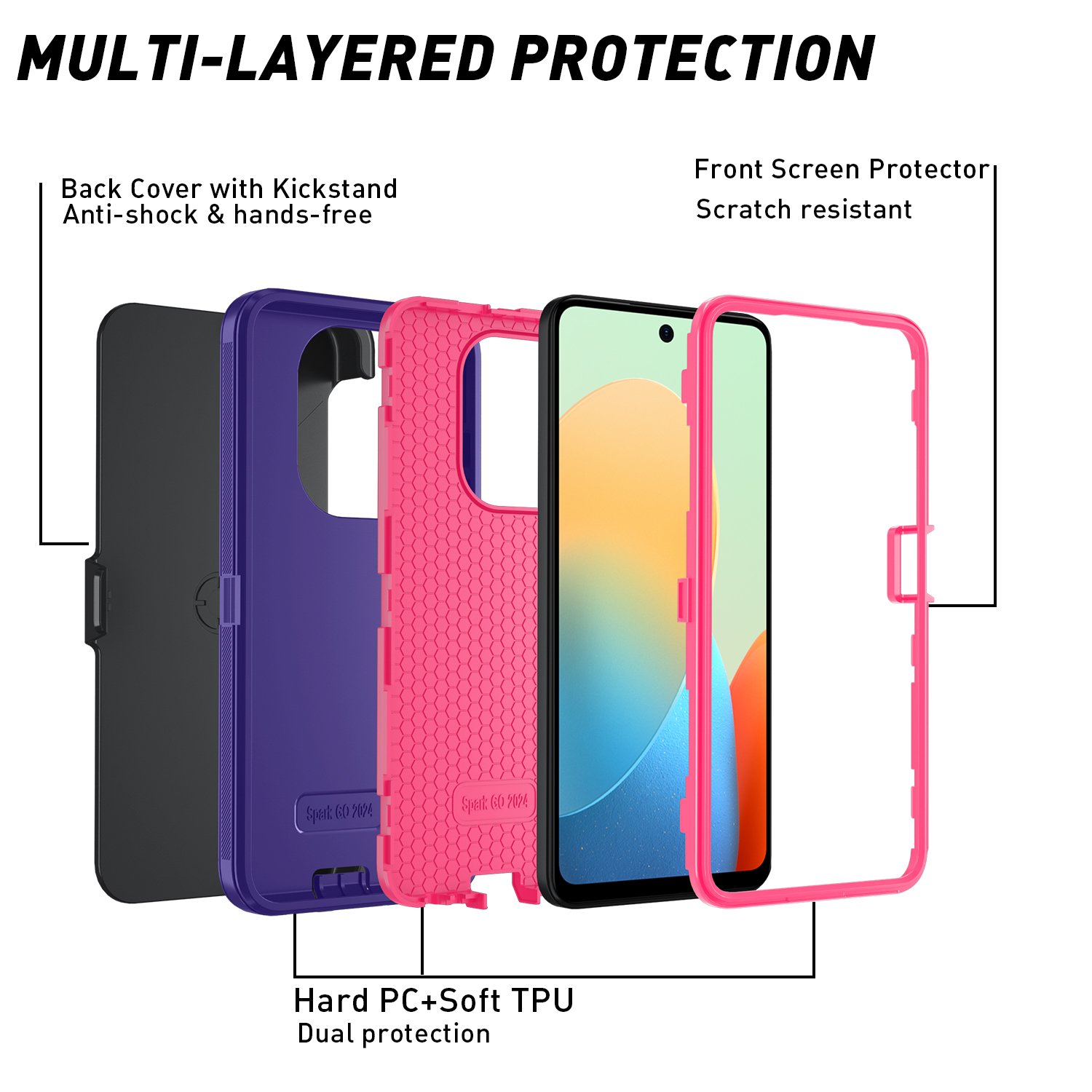 3 In 1 Defender Holster Screen Protector Mobile Phone Cases For Tecno Spark Go 2024 For REVVL 7 5G Heavy Shockproof Back Cover