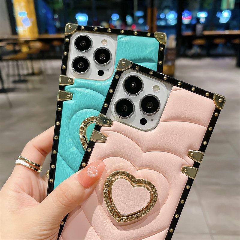 Square Leather Case 3d Diamond Love Heart Ring Bracket Metal Shockproof Case For Iphone 15 14 pro Max 11 12 13pro Luxury Cover