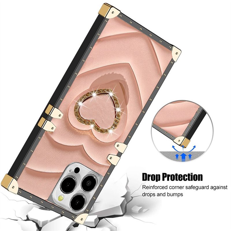 Square Leather Case 3d Diamond Love Heart Ring Bracket Metal Shockproof Case For Iphone 15 14 pro Max 11 12 13pro Luxury Cover