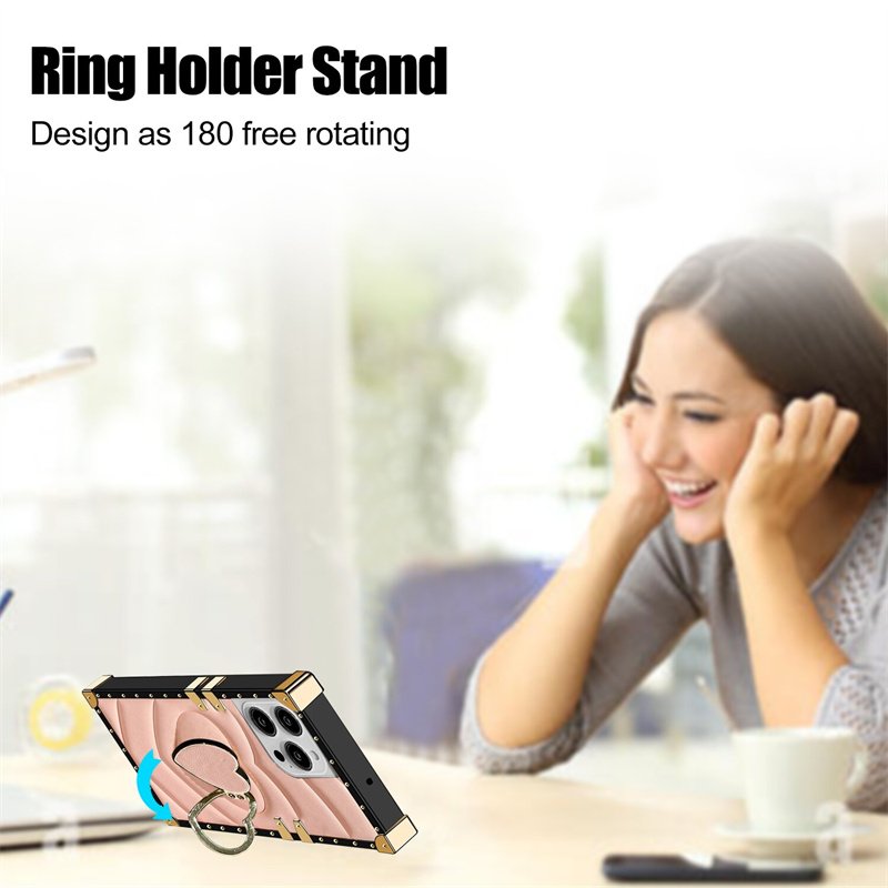 Square Leather Case 3d Diamond Love Heart Ring Bracket Metal Shockproof Case For Iphone 15 14 pro Max 11 12 13pro Luxury Cover