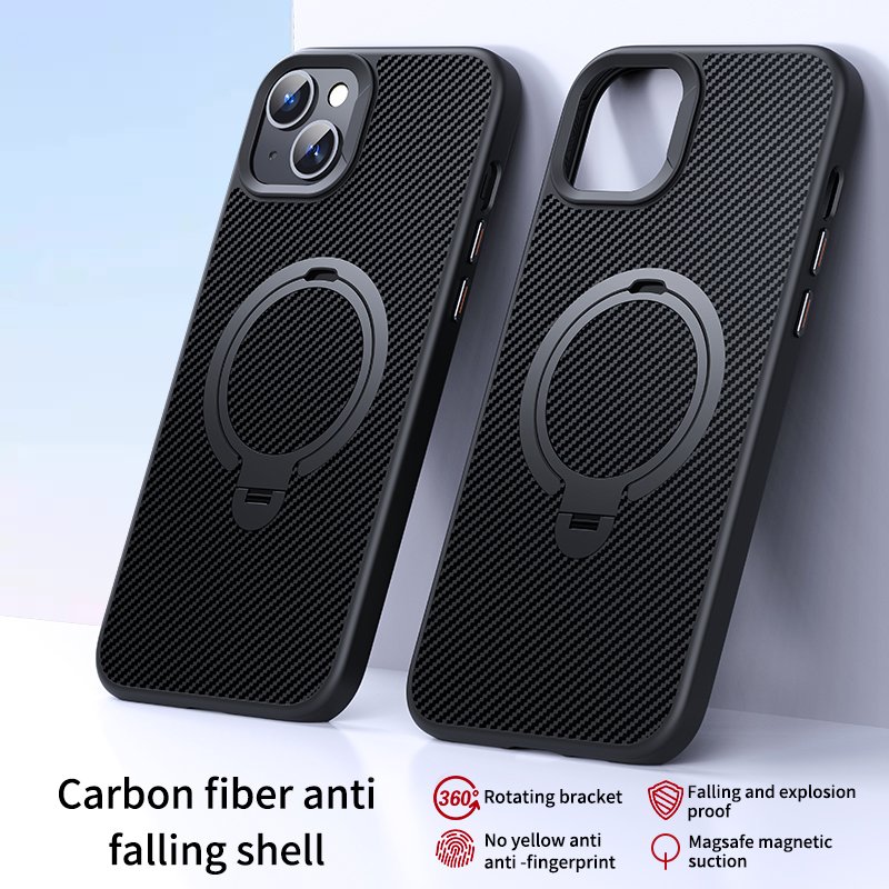 Kevlar Material Carbon Fibre Pattern Mobile Phone Case Shell With Rotating Bracket Magnetic For IPhone 15 14 13 12 11 ProMax SE4