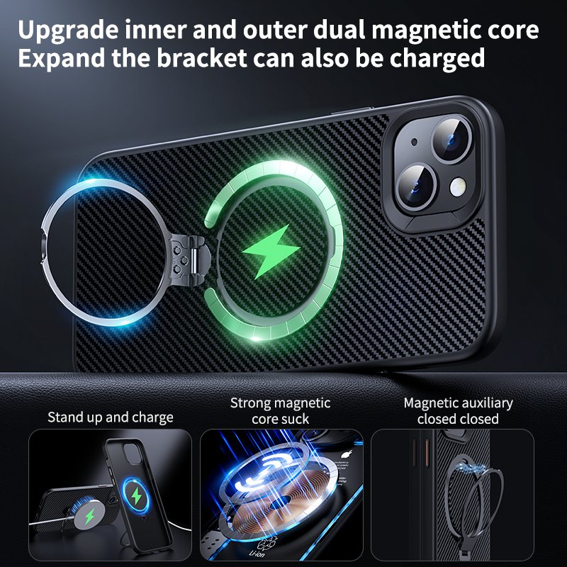 Kevlar Material Carbon Fibre Pattern Mobile Phone Case Shell With Rotating Bracket Magnetic For IPhone 15 14 13 12 11 ProMax SE4