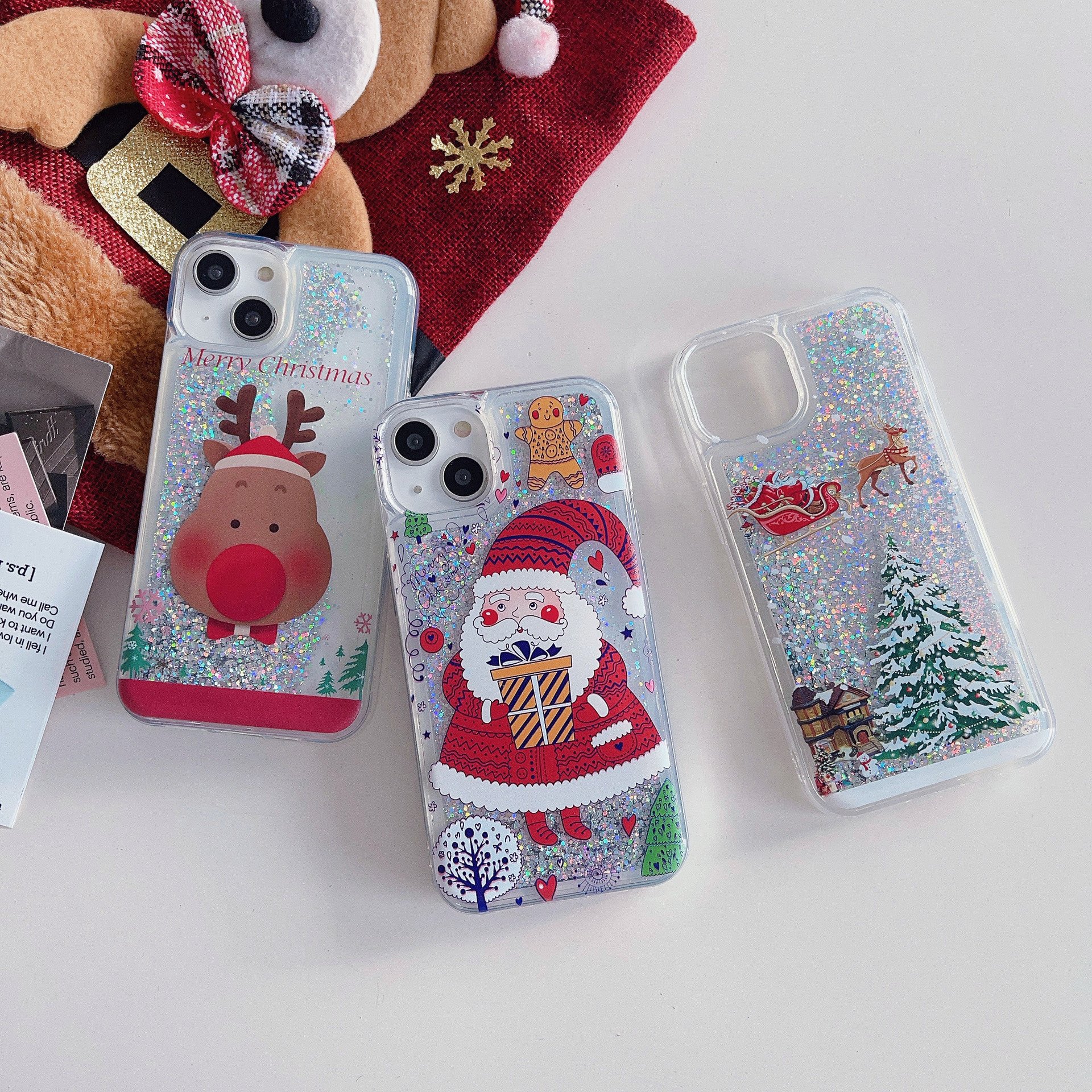 Christmas Liquid Glitter mobile phone cases for iphones 15 pro max 14/13/12/11 with Santa Design