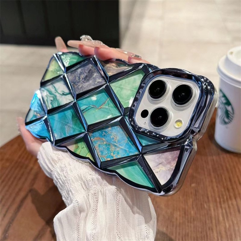 New Luxury 3D Rhombic Marble Patterns Phone Case For Iphone 15 14 13 12 11 Pro Max Plating Wavey Glitter Shockproof Back Cover