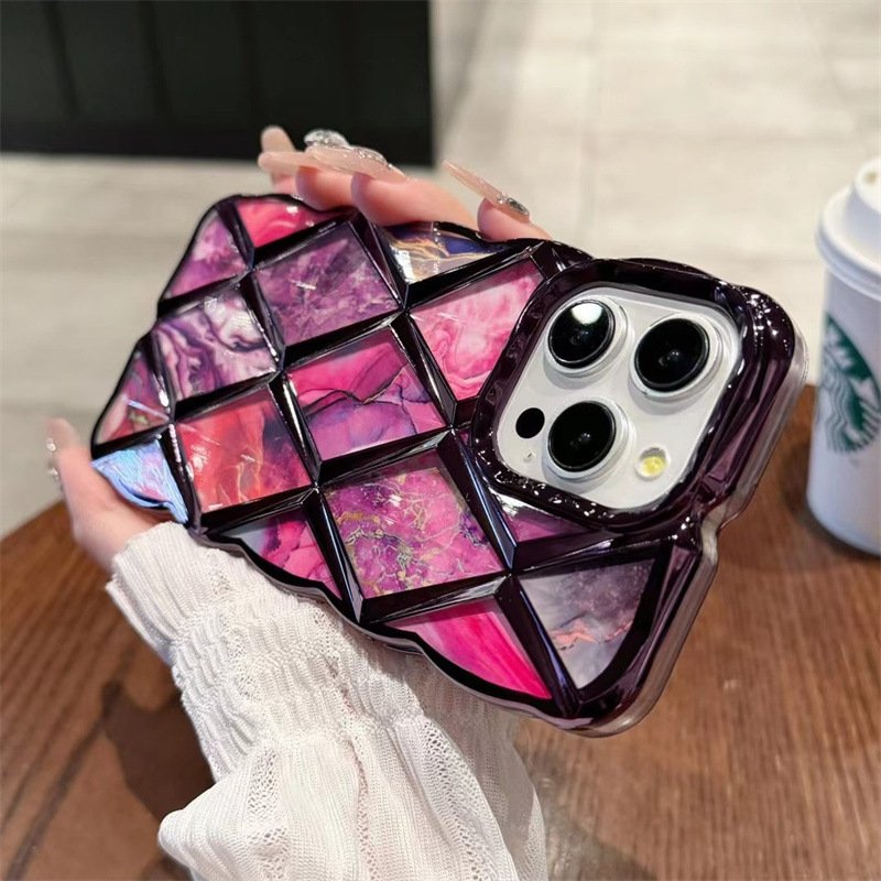 New Luxury 3D Rhombic Marble Patterns Phone Case For Iphone 15 14 13 12 11 Pro Max Plating Wavey Glitter Shockproof Back Cover