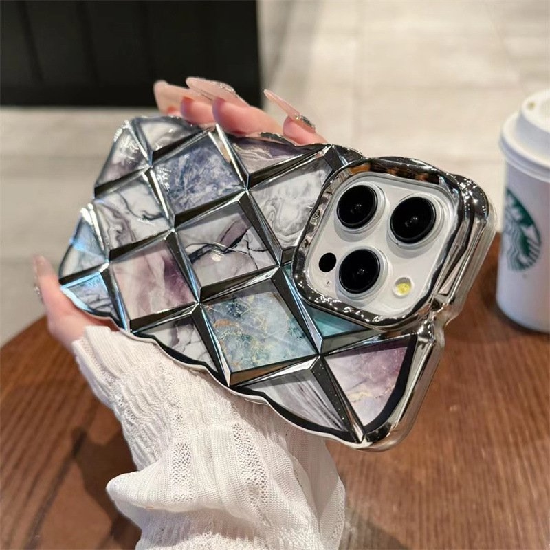 New Luxury 3D Rhombic Marble Patterns Phone Case For Iphone 15 14 13 12 11 Pro Max Plating Wavey Glitter Shockproof Back Cover
