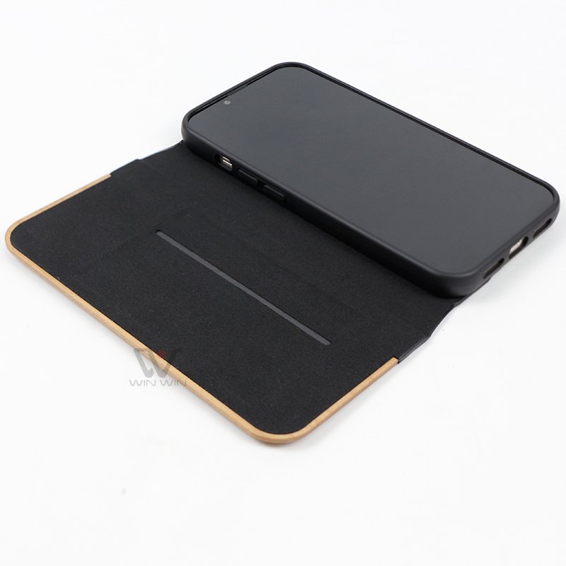2024 Natural Wood Flip Card Wallet Cases Wooden Mobile Phone Cases with PU Leather