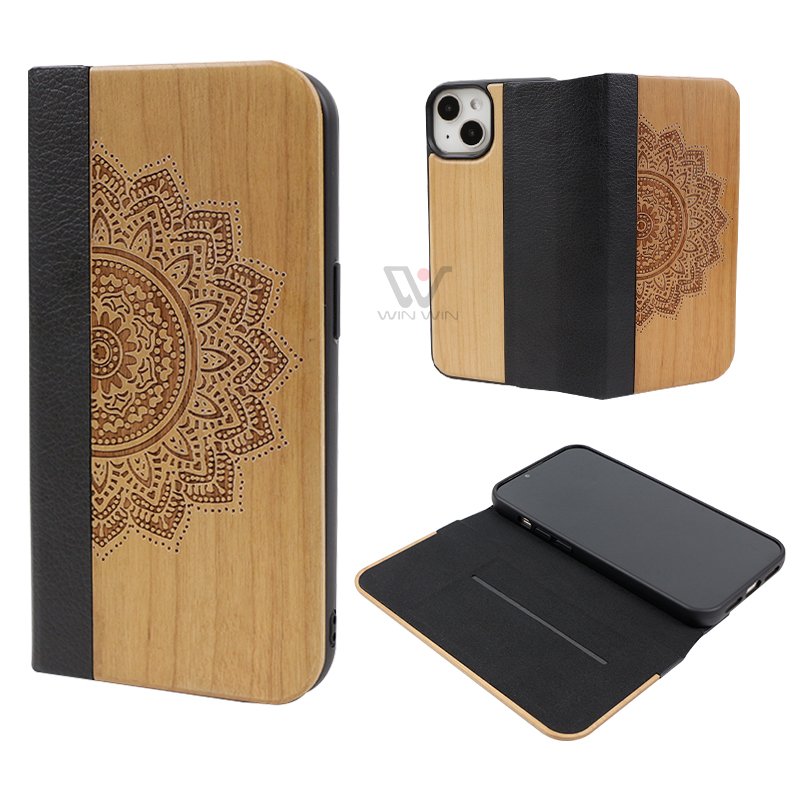 2024 Natural Wood Flip Card Wallet Cases Wooden Mobile Phone Cases with PU Leather