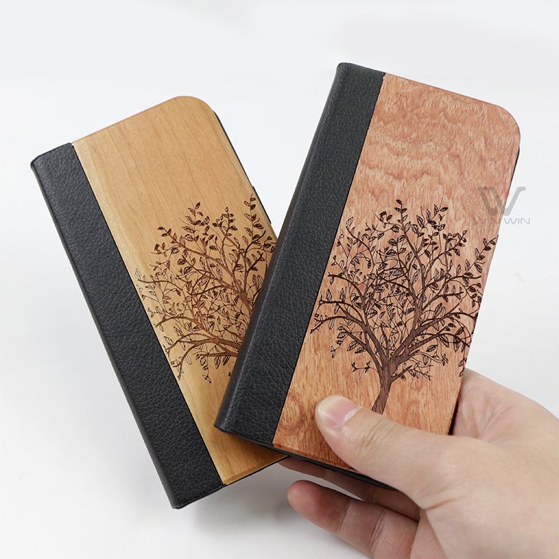 2024 Natural Wood Flip Card Wallet Cases Wooden Mobile Phone Cases with PU Leather