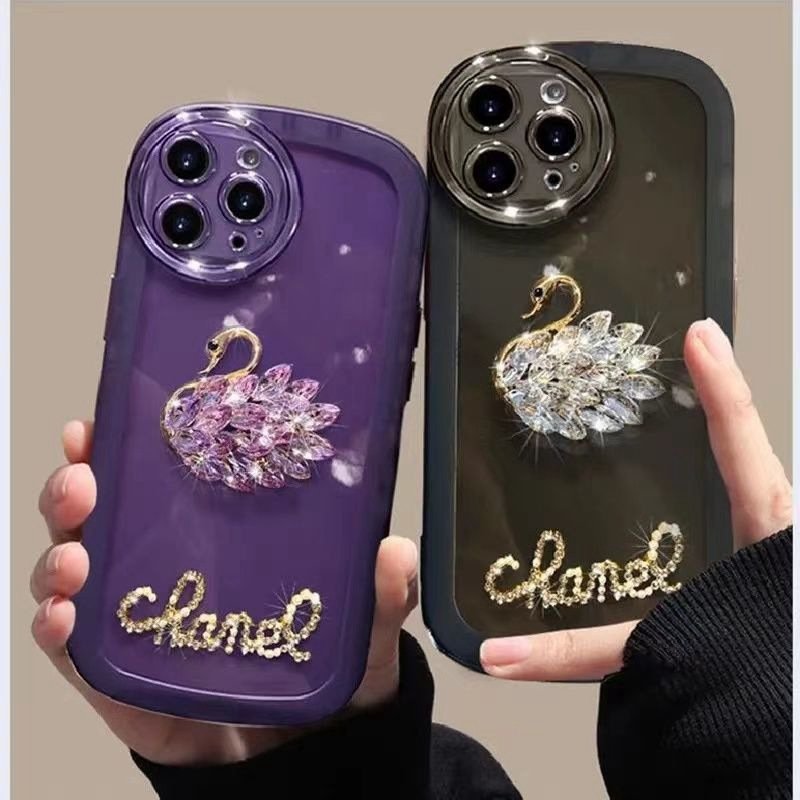Luxury Diamond Swan silicone Mobile Phone Case For iPhone 16 15 14 13 12 Pro max Ring tpu sling clear DIY Shockproof Back Cover