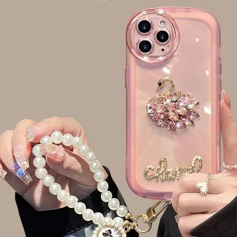 Luxury Diamond Swan silicone Mobile Phone Case For iPhone 16 15 14 13 12 Pro max Ring tpu sling clear DIY Shockproof Back Cover