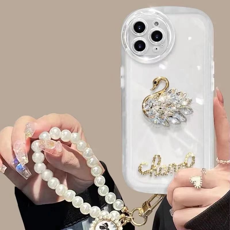 Luxury Diamond Swan silicone Mobile Phone Case For iPhone 16 15 14 13 12 Pro max Ring tpu sling clear DIY Shockproof Back Cover