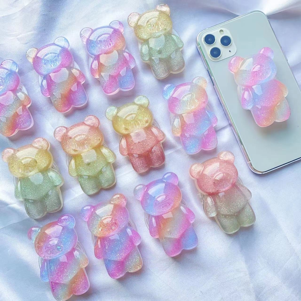 Colorful 3D Cute Cartoon glitter Folding Bear Shaped Stand bear Adjustable Care Desk Mobile Cell Phone Bracket Grip Stand Holder