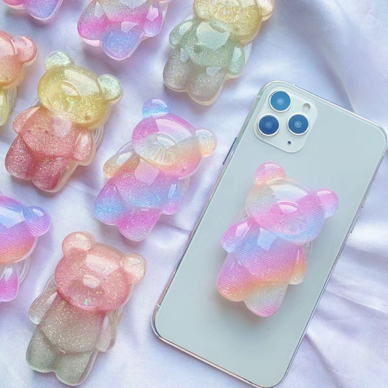 Colorful 3D Cute Cartoon glitter Folding Bear Shaped Stand bear Adjustable Care Desk Mobile Cell Phone Bracket Grip Stand Holder