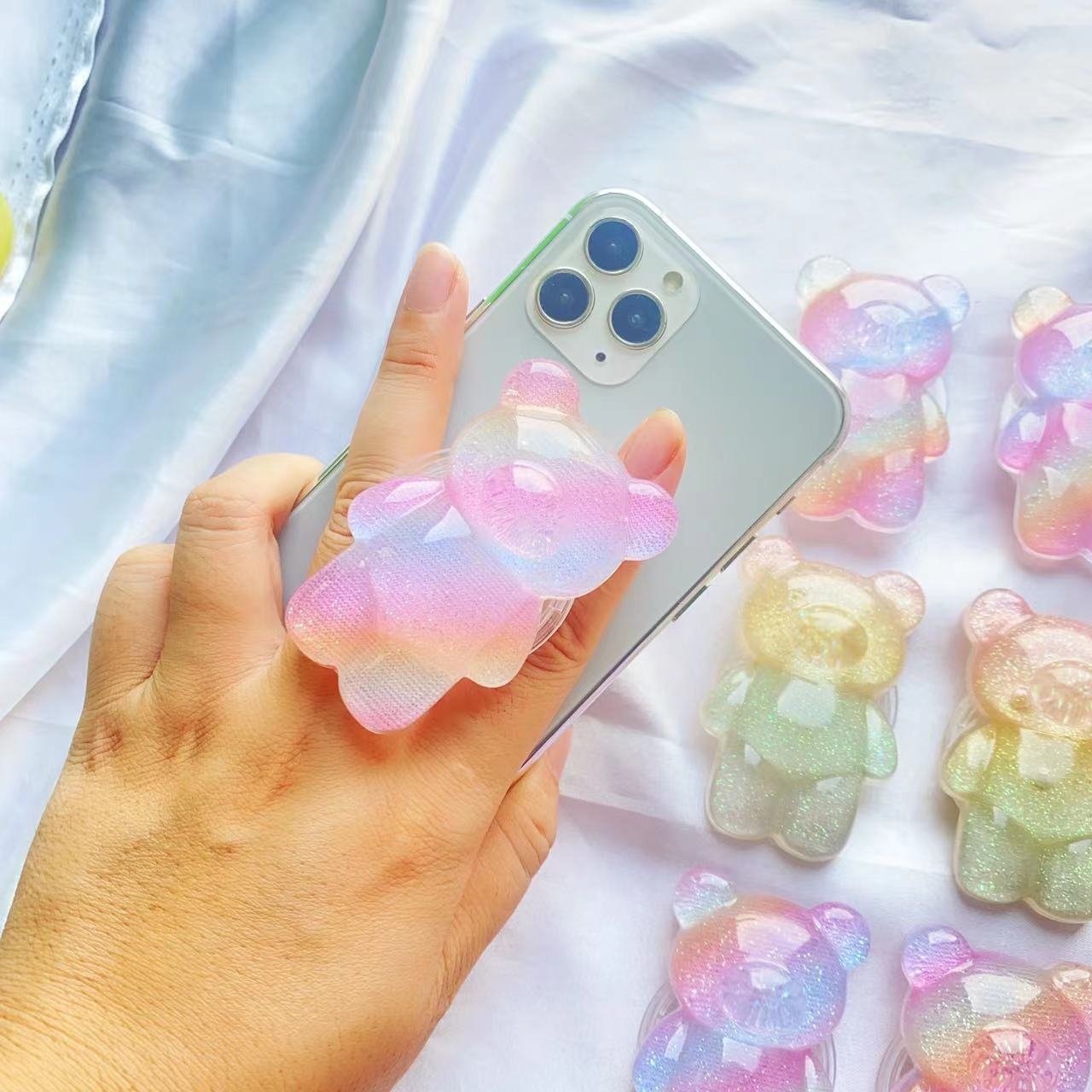 Colorful 3D Cute Cartoon glitter Folding Bear Shaped Stand bear Adjustable Care Desk Mobile Cell Phone Bracket Grip Stand Holder
